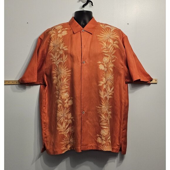 Tommy Bahama Orange Floral Shirt, XL Silk Linen Blend - Picture 1 of 11